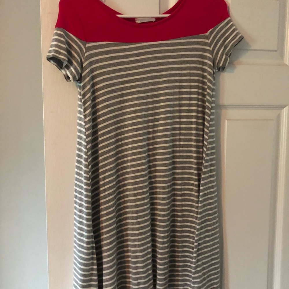 Grey, pink and white striped high low dress